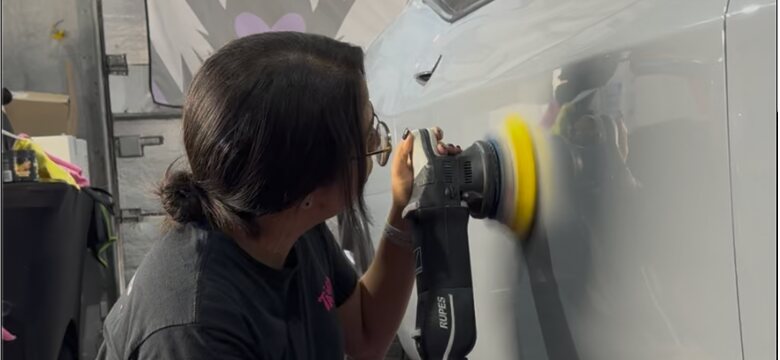 Close-up of a polishing pad during 2-step paint correction