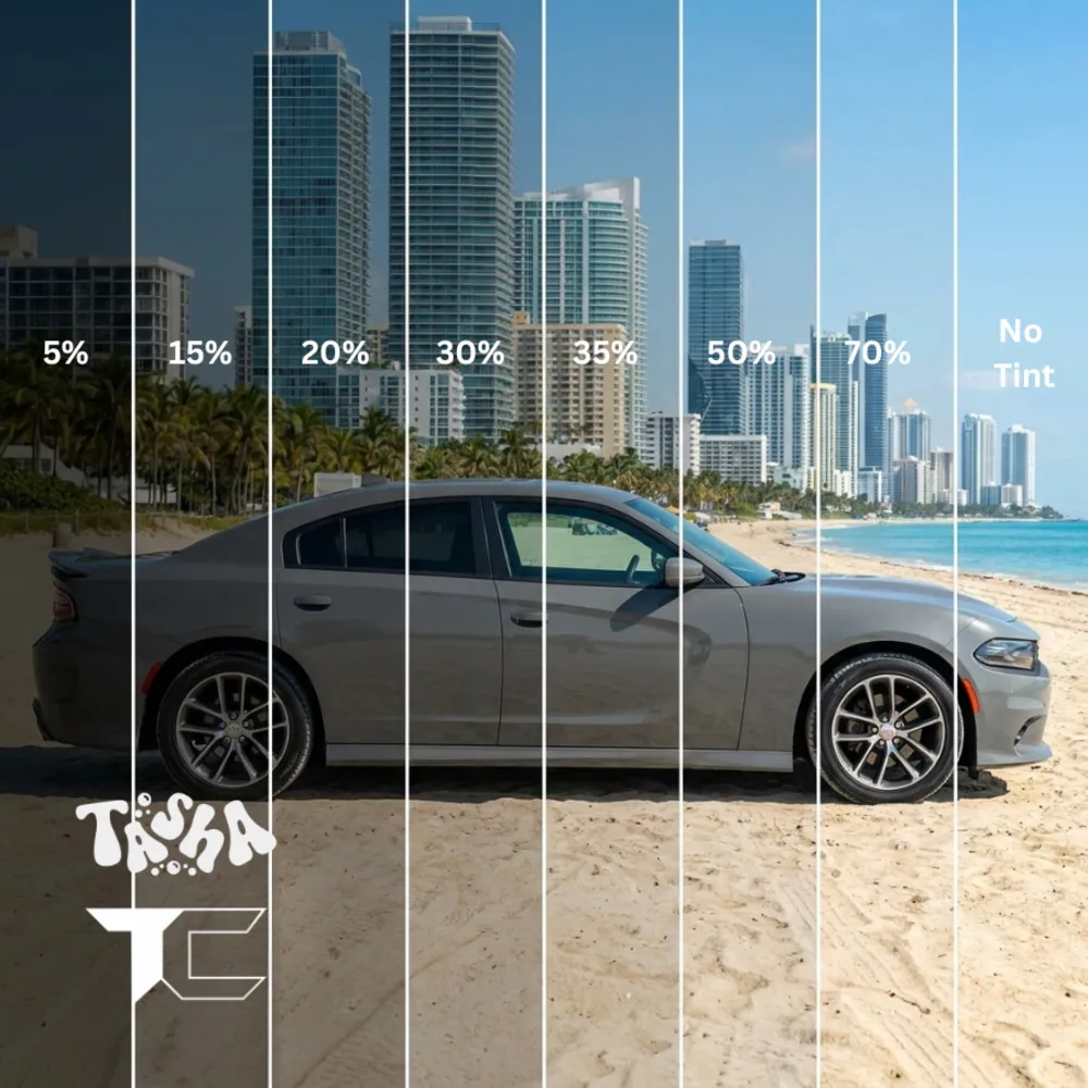 Window tint shade chart showing 5%, 15%, 20%, 30%, 35%, 50%, 70% and no tint on a Dodge Charger — Tasha Car Detailing