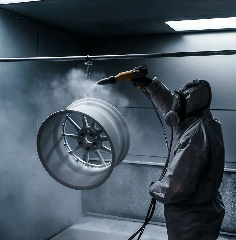 Wheel being powder coated in a spray booth at Tasha Car Detailing
